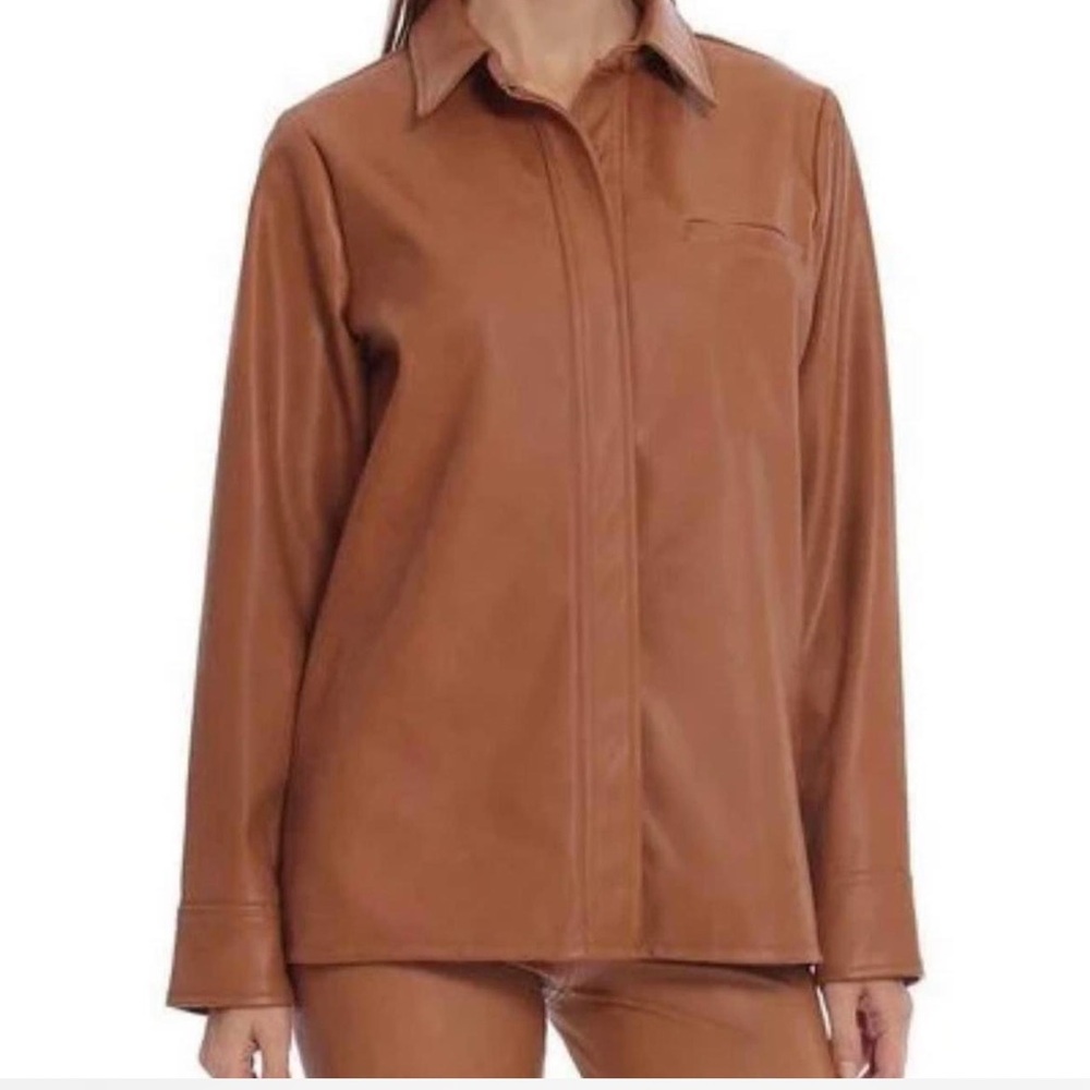 Bagatelle Collection Faux Leather Shacket Women L Large Camel Snap Button Vegan